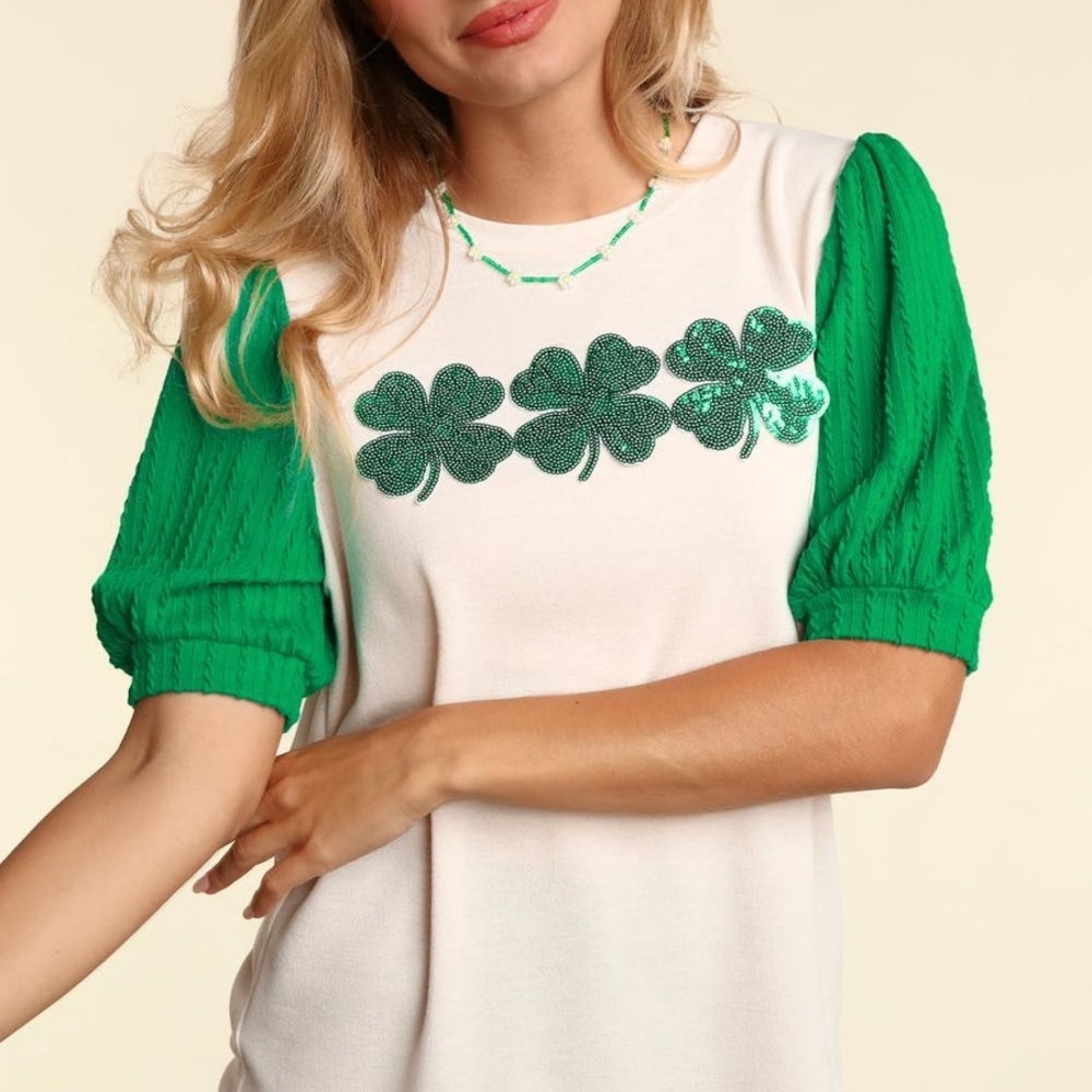 Haptics Clover Sequin Top – Size Large | Puff Sleeve Color Block Tee